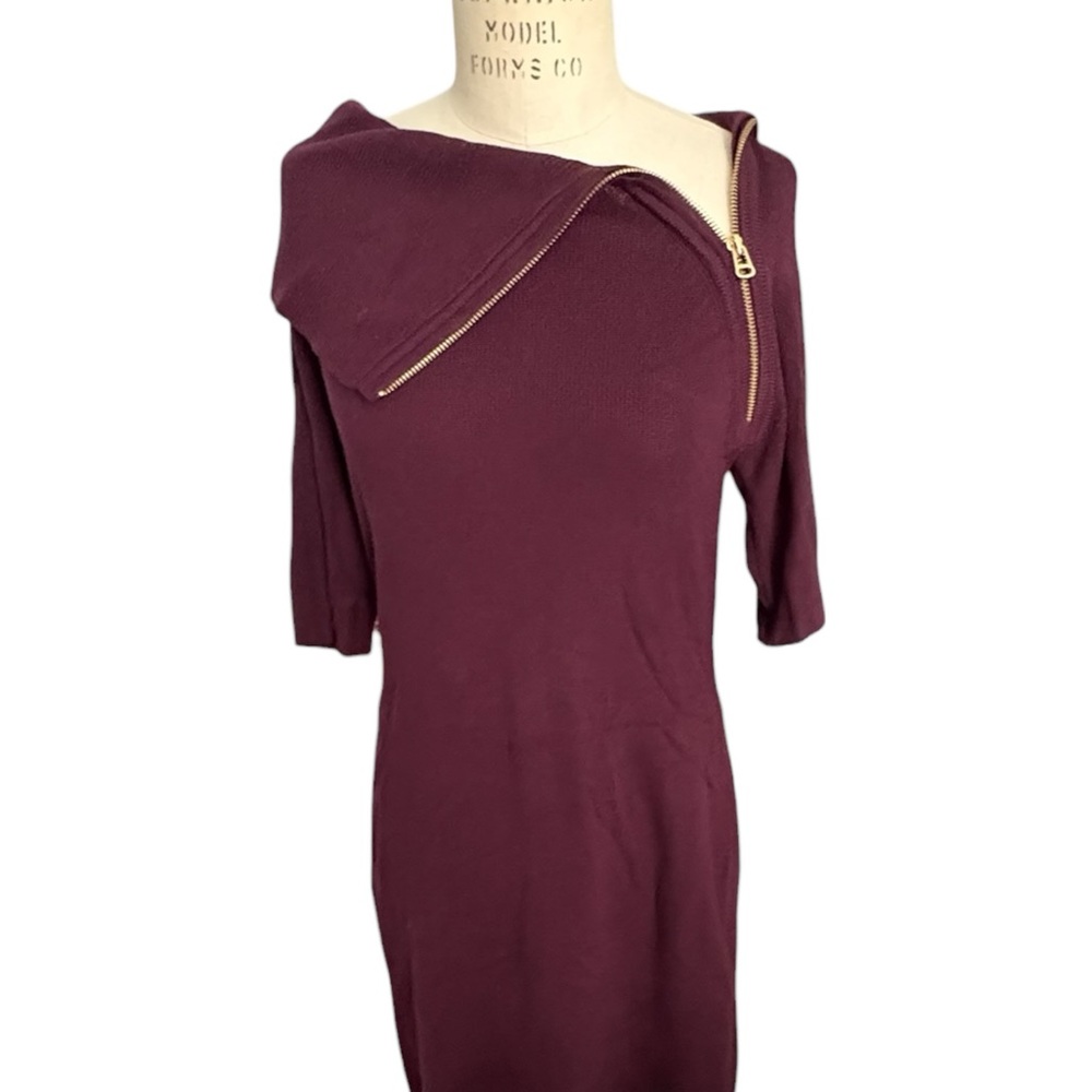 Calvin Klein Zip Neck Burgundy Knit Dress Bodycon Business Work Going Out Size M - Picture 9 of 9